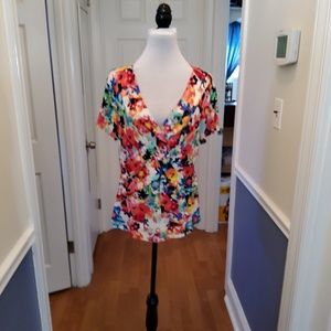 Floral Knit Top faux wrap stretchy cable & gauge XL